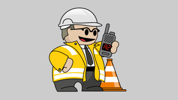 Symbolbild: "Saarbrigger Schaffer": Bauleiter mit Walkie-Talkie und Warnkegel Symbolbild: "Saarbrigger Schaffer": Bauleiter mit Walkie-Talkie und Warnkegel