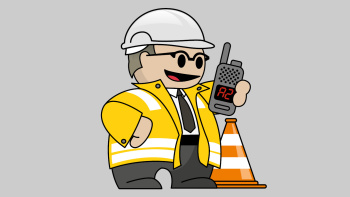 Symbolbild: "Saarbrigger Schaffer": Bauleiter mit Walkie-Talkie und Warnkegel Symbolbild: "Saarbrigger Schaffer": Bauleiter mit Walkie-Talkie und Warnkegel