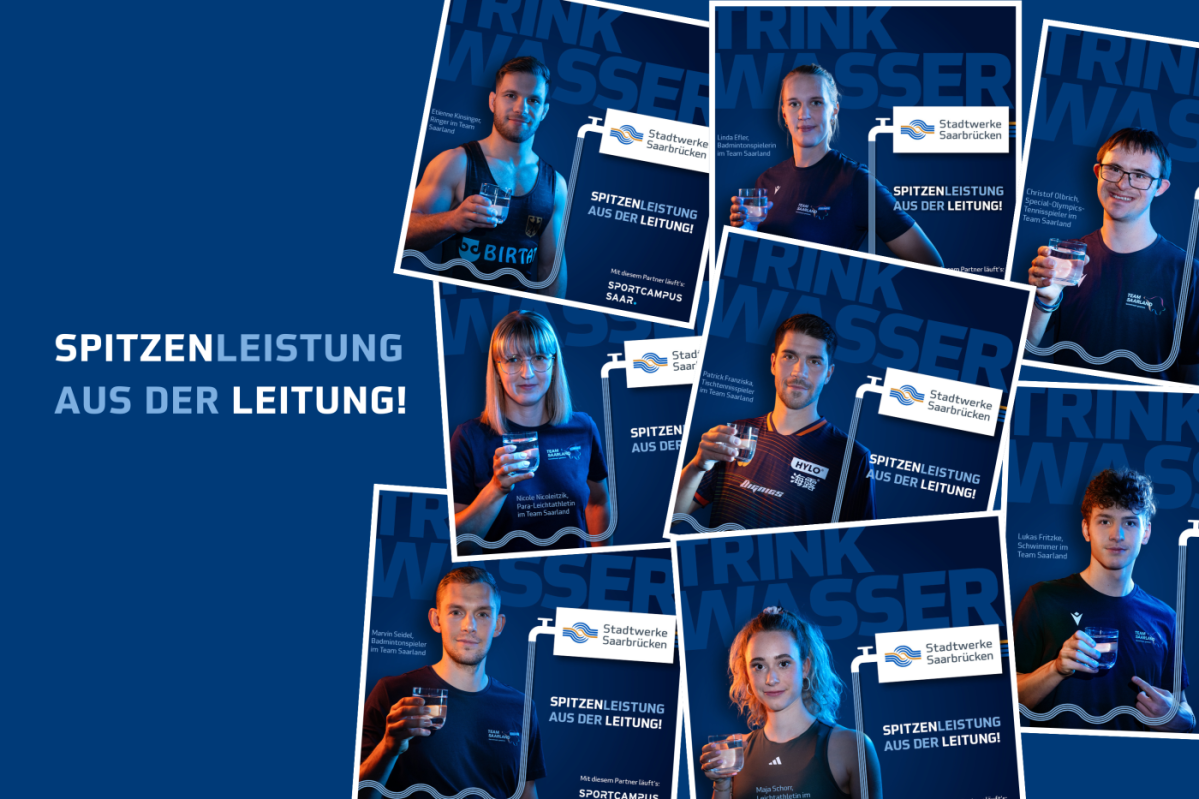 Spitzenleistung aus der Leitung Eine Bildcollage mit den Sportlern aus dem Team Saarland, die das Saarbrücker Trinkwasser bewerben